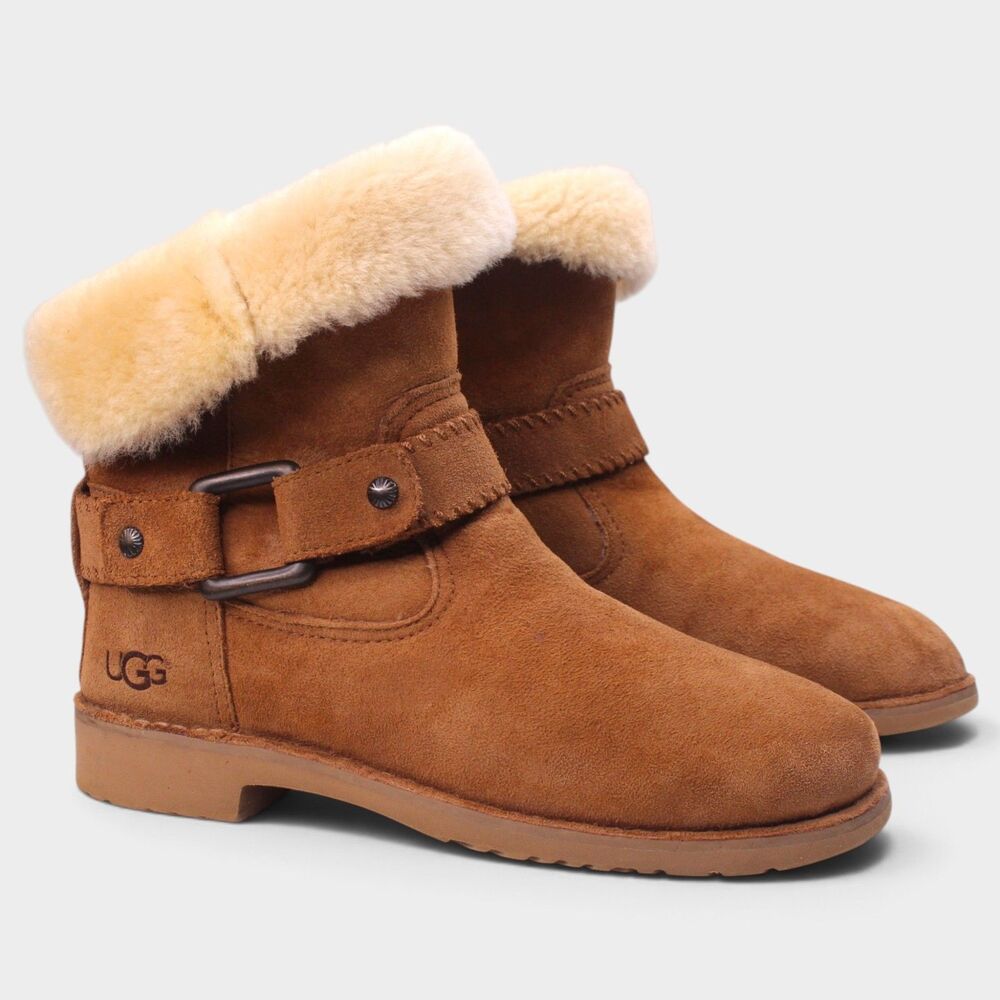 UGG Cedric Womens 8 Chestnut Suede Sheepskin Cuff Buckle Boots